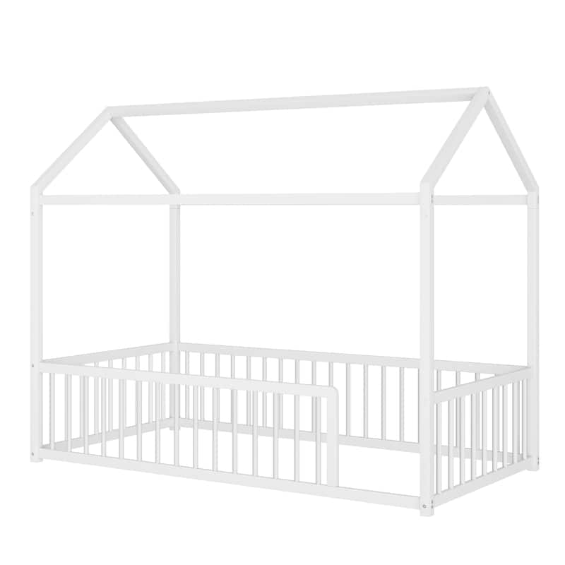 Montessori Style Metal Floor Bed Frame, House Shaped Bed for Kids and Toddlers, No Slats, House Bed