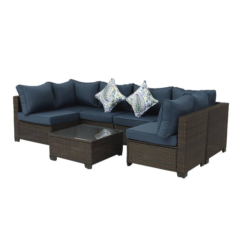 7-Piece PE Rattan Wicker Outdoor Patio Sectional Sofa Set with Cushions and Coffee Table