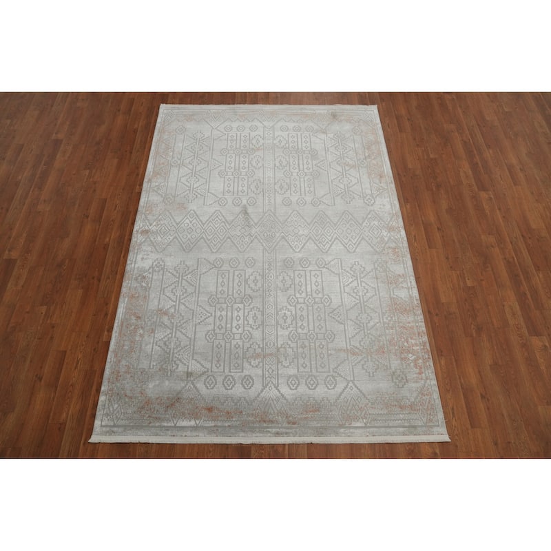 Machine Made Oriental Polyester Carpet Geometric Greys & Charcoal Distressed Area Rug - 7' 5'' X 5' 2''