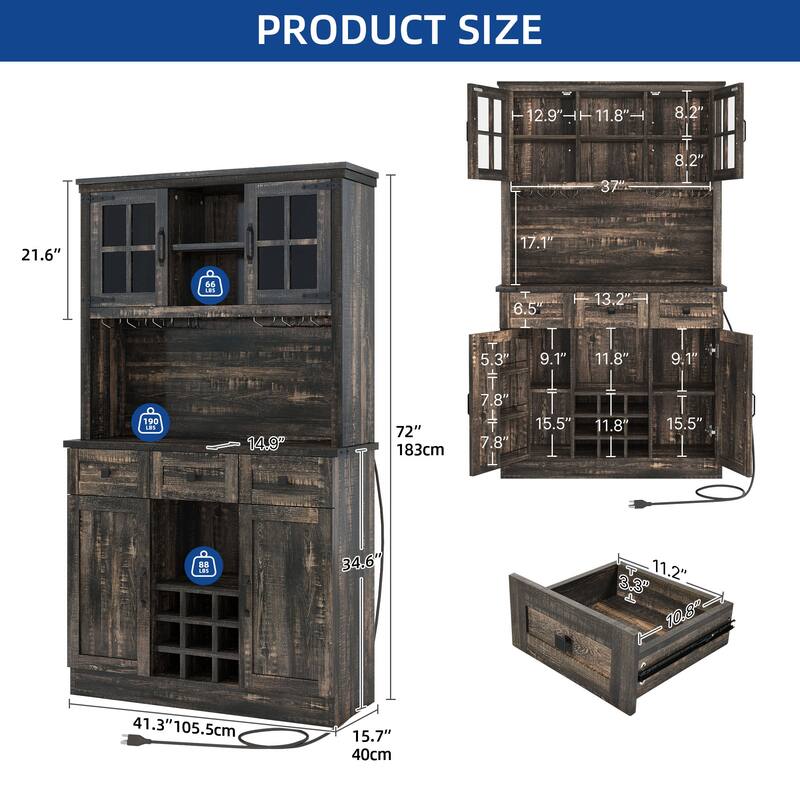 Moasis 72" Farmhouse Buffet Cabinet with Storage Shelves and Power Outlet