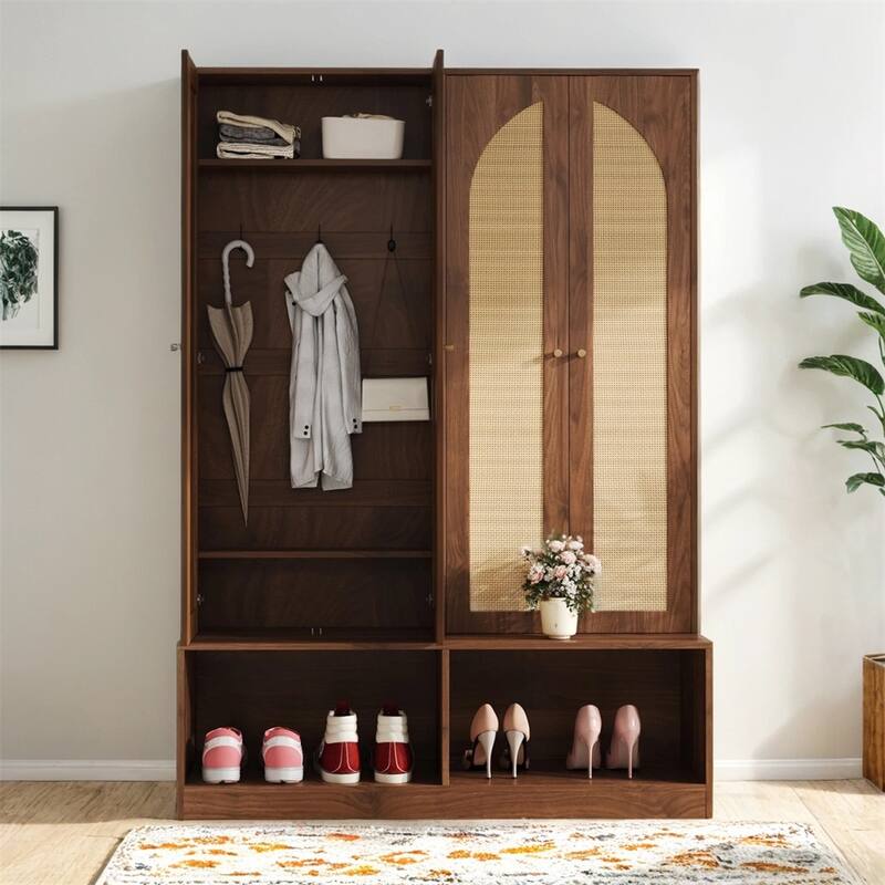 Widen Hall Tree with 4 Rattan Doors,Versatile 4-In-1 Seating Bench