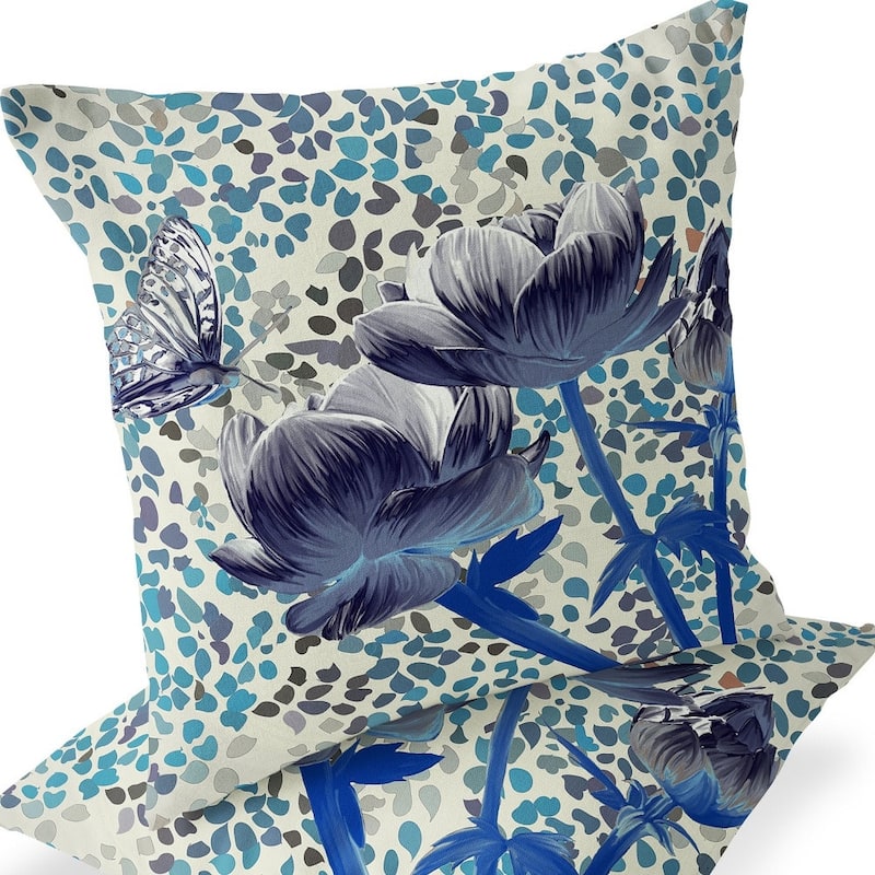 HomeRoots Set of Two 16" X 16" Blue and Gray Butterfly Blown Seam Floral Indoor Outdoor Throw Pillow - 16.00' X '16.00' X '5.00