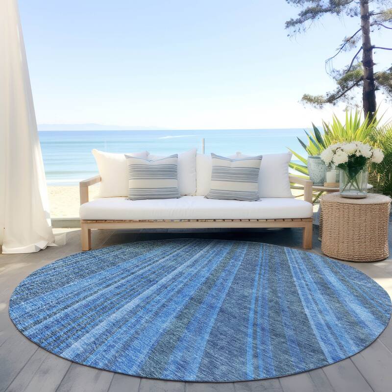 Machine Washable Indoor/ Outdoor Stripe Wave Chantille Rug - Blue - 8' x 8'