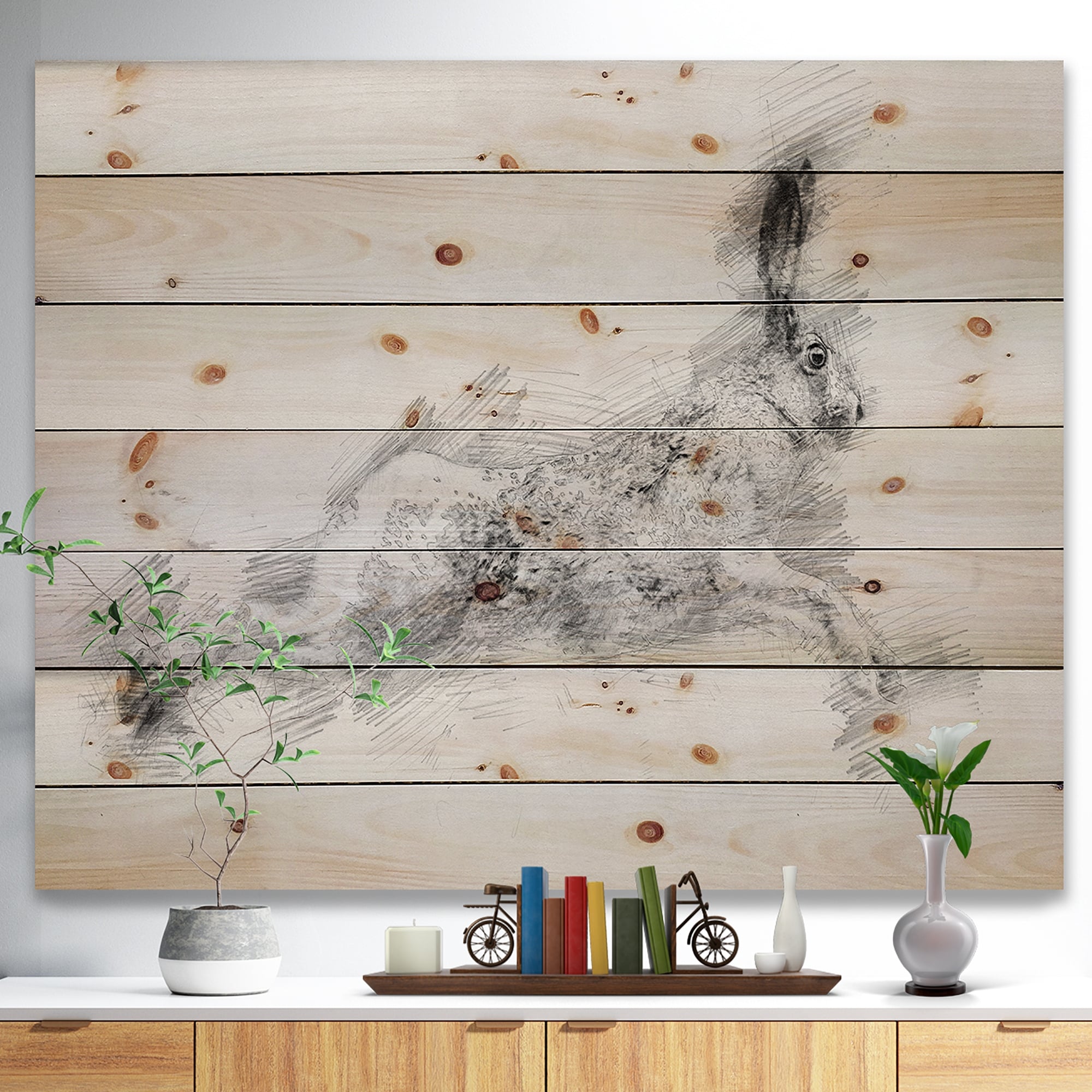 Designart 'Black And White Hare Sketch' Traditional Wood Wall Art  Dundefinedcor Natural Pine Wood Bed Bath  Beyond 36738265