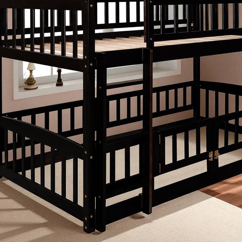 Twin Over Twin / Full Over Full Bunk Bed with Slide and Fence, Low Wood Frame with Ladder for Kids and Teens
