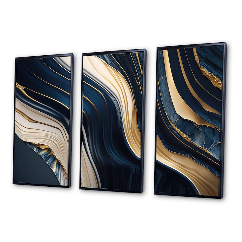 Designart "Abstract Geode Waves Blue And Gold II" Modern Waves Framed Canvas Art Print - 3 Panels