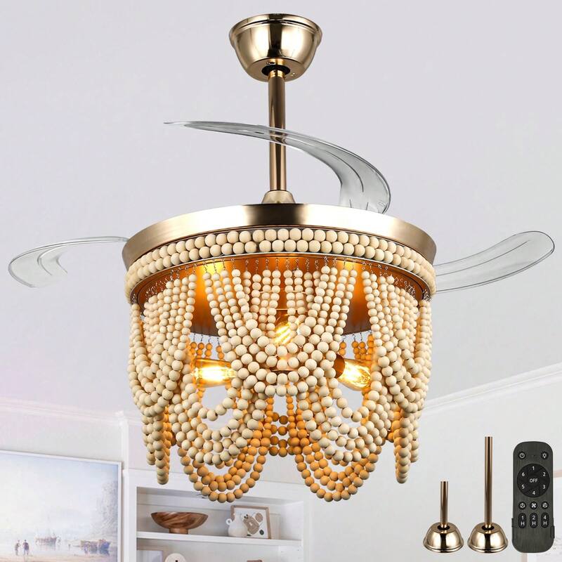 Cusp Barn 42" Retractable Ceiling Fan with Light, Farmhouse Wooden Bead Chandelier, Quiet DC Motor 6 Speeds Bohemian Ceiling Fan - Gold