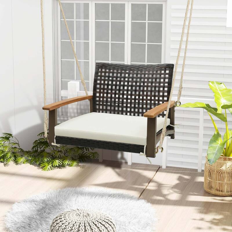 Outdoor Single Swing Chair Bench Rattan Porch Swing w/ Cushion