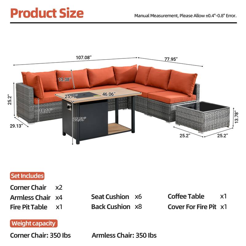 HOOOWOOO 8-piece Wicker Outdoor Patio Furniture Sofa Set Fire Pit Set