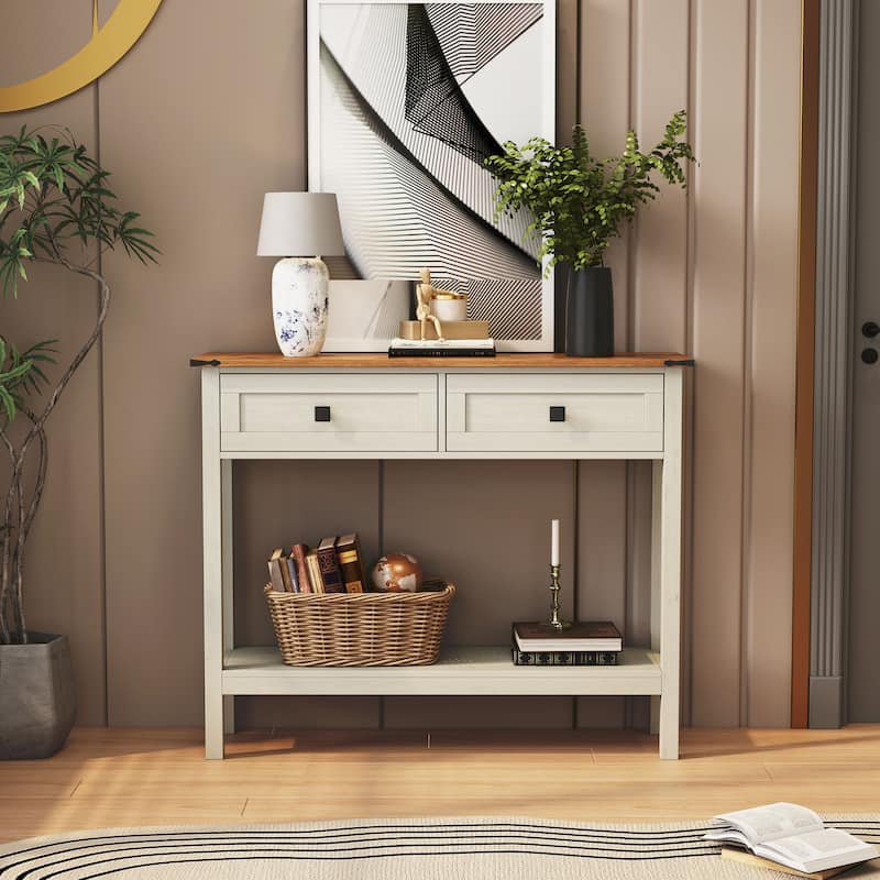 Console Table with 2 Drawer and Bottom Storage Shelf for Entryway,Rustic Side Table with Storage Drawer and Shelf - Antique White