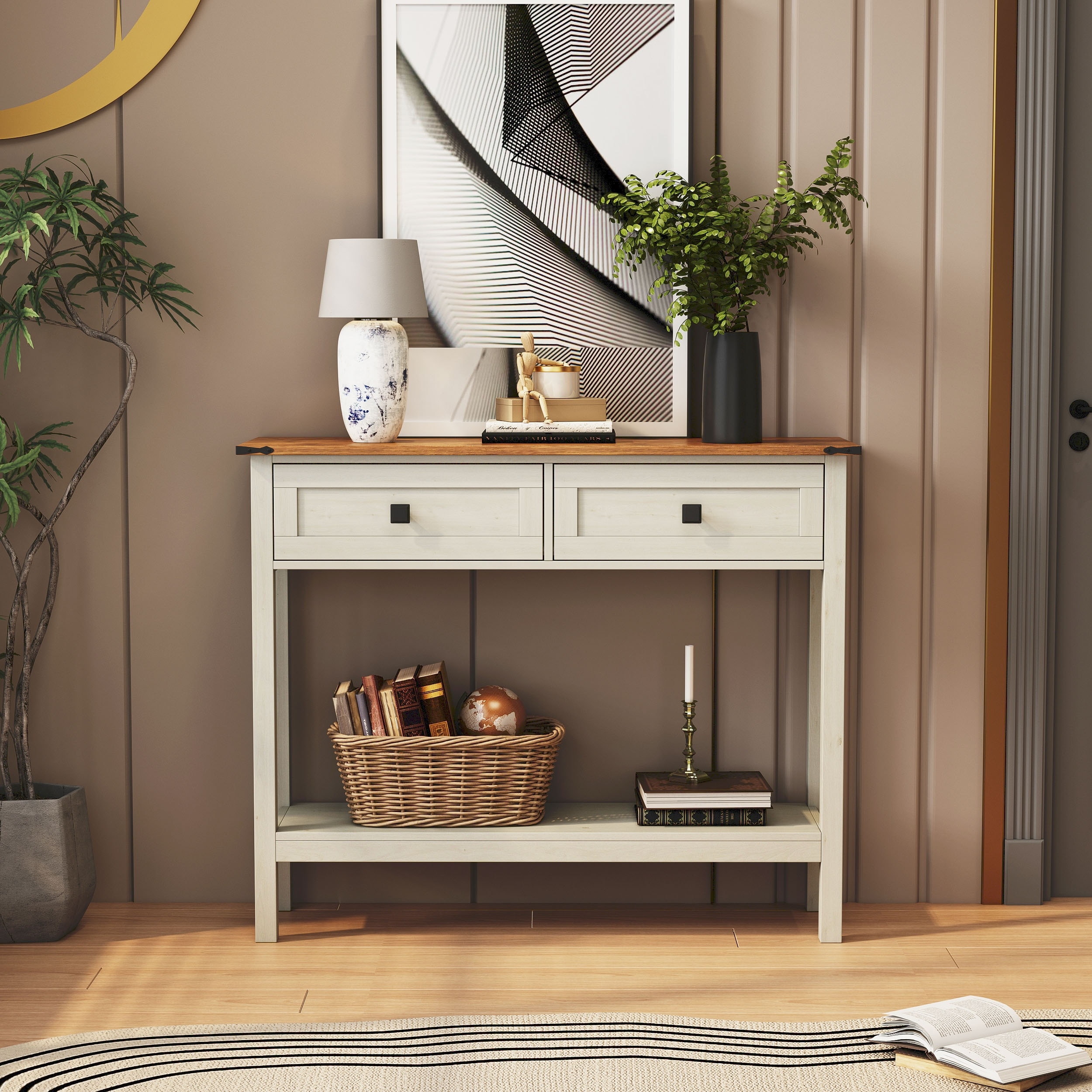 Console Table with 2 Drawer and Bottom Storage Shelf for Entryway,Rustic Side Table with Storage Drawer and Shelf