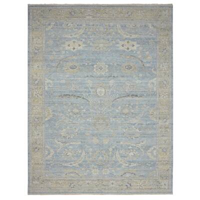 Shahbanu Rugs Columbia Blue Hand Knotted Antiqued Zeigler Mahal Distressed Cropped Thin Pure Wool Oriental Rug (10'2"x13'5")