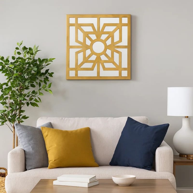 Mirrored Wall Decor Set of 2 with Wooden Floral Overlay on Top, Gold and Silver