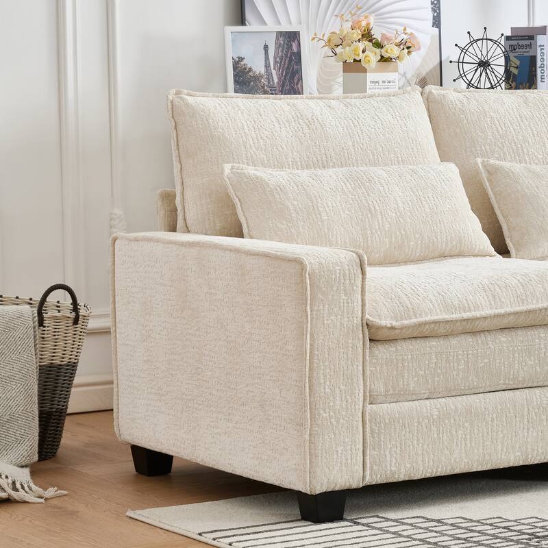 Cloud Chenille L-shaped Sectional Sofa, Deep Seat Couch with Thick Cushions, Movable Ottoman and Waist Pillows for Living Room