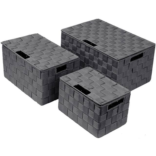 Storage Box Woven Basket Bin Container Tote Cube Organizer Set Stackable Shelf Organizer Built-in Carry Handles (3-Piece)