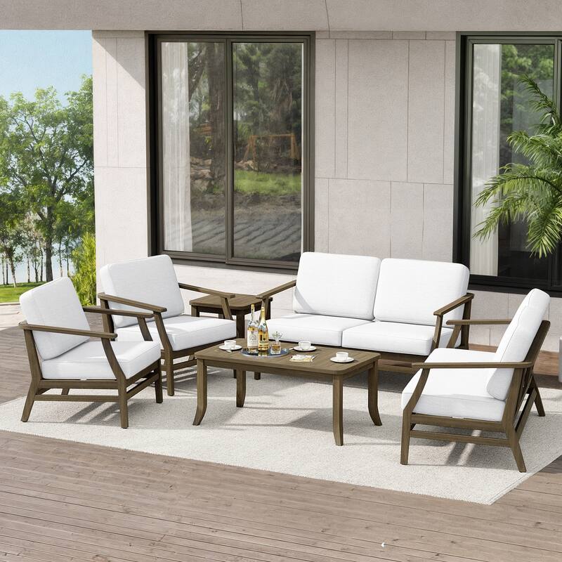 Teak Outdoor Patio Conversation Set with Cushions and Tables (6-Piece) - Beige - Natural Wood