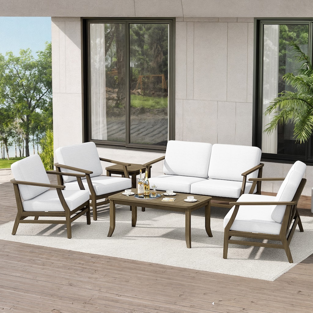 Teak Outdoor Patio Conversation Set with Cushions and Tables (6-Piece)