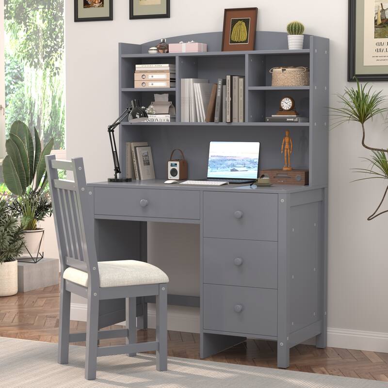 40'' Home Executive Desk and Upholstered Chair Set with Bookshelf, Computer Desk with Four Drawers