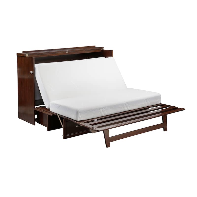 Deerfield Queen Murphy Bed Chest with 6" Mattress, Storage Drawer & Built-In Charger in Walnut