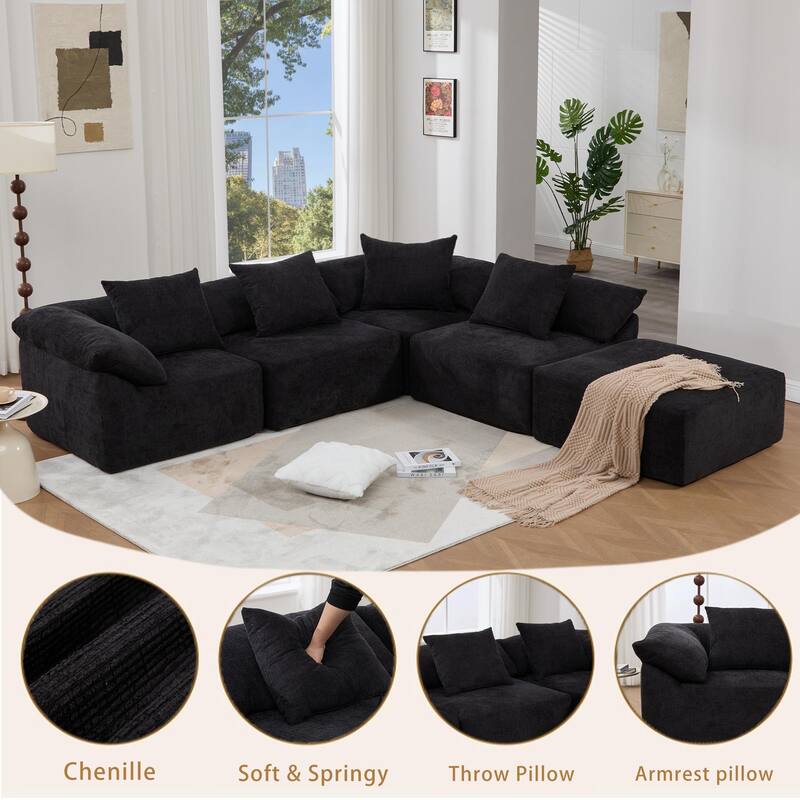 142" L Shaped Modular Sectional Sofa, 5 Piece Couch, Convertible Sleeper, Chenille, Black