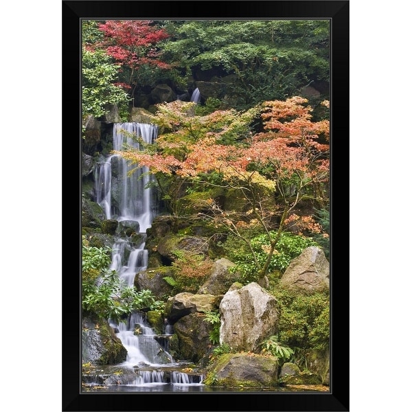 "USA, Oregon, Portland, Portland Japanese Garden, Waterfall in a garden" Black Framed Print