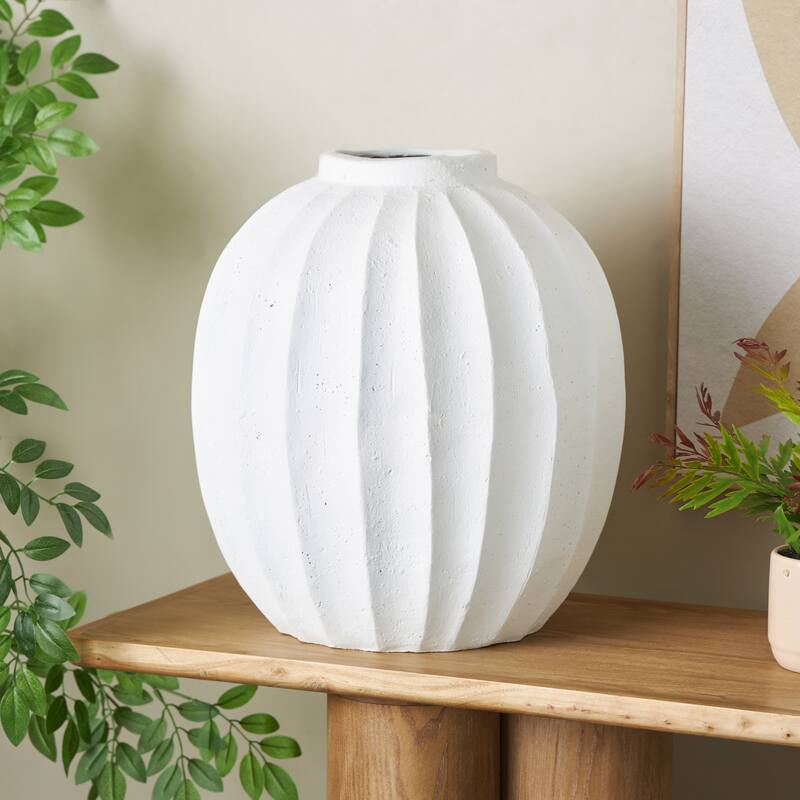 White Magnesium Oxide Wide Decorative Vase with Carved Grooves - White - 16"W, 18"H