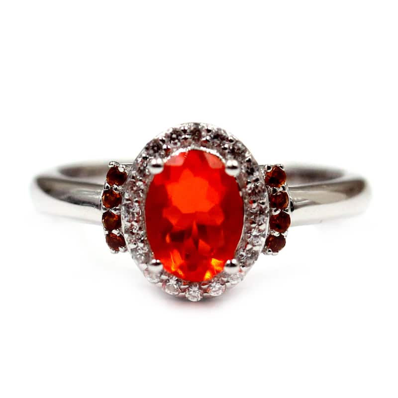 925 Sterling Silver Madeira Orange Opal and White Natural Zircon Ring
