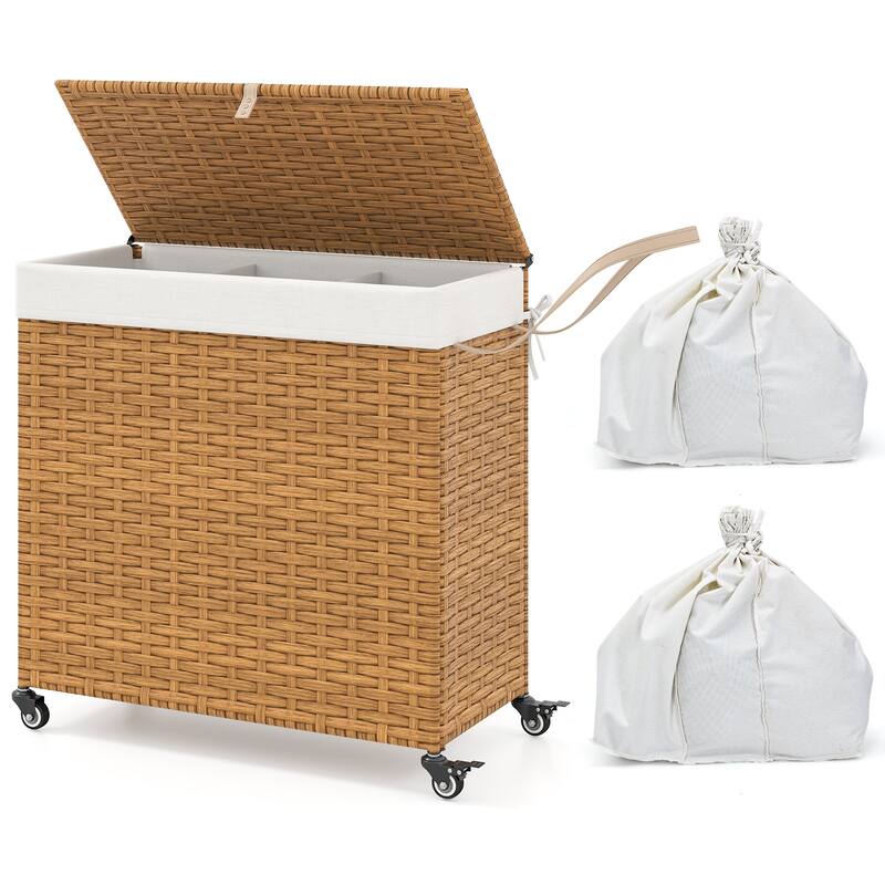 3-Compartment Laundry Basket Bags with Wheels Lid and 125L Capacity Removable - 25.5" x 13" x26" (L x W x H)