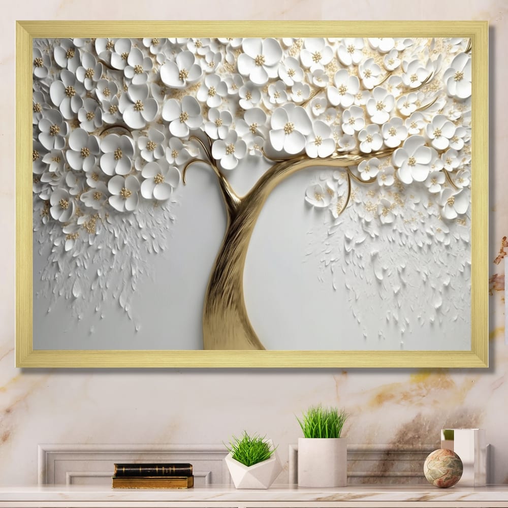 Designart "White Orchid Tree Garden Of Branches V" Tree Floral Framed Canvas Wall Art