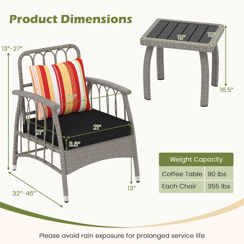 3-Piece Outdoor Patio Set with Galvanized Metal Frame Adjustable Chairs and Coffee Table - 19" x 19" x 16.5"
