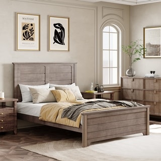 Full Size Farmhouse Wooden Platform Bed with Panel Design Headboard and ...