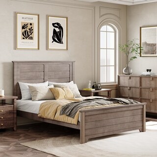 Full Size Farmhouse Wooden Platform Bed with Panel Design Headboard ...