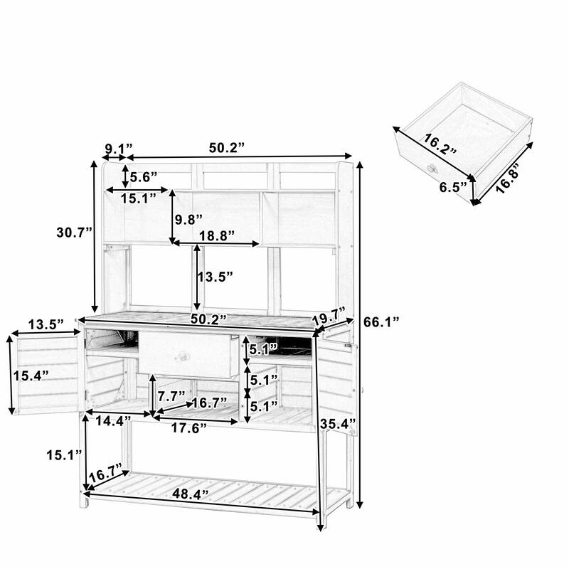 Fir Wood Garden Work Table - Potting Bench with Hutch, Drawer & Adjustable Shelves