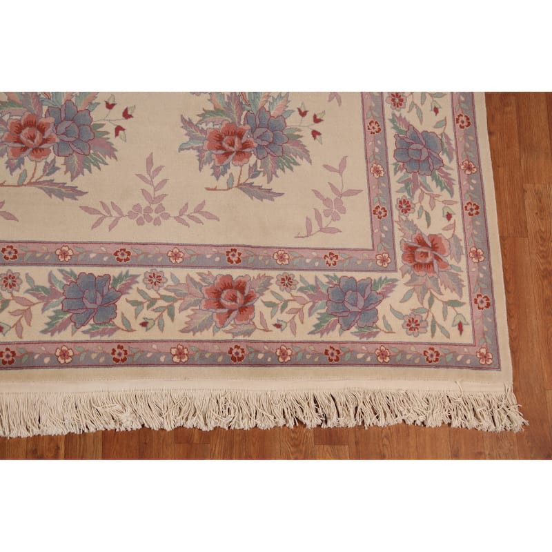Floral Ivory Aubusson Chinese Area Rug Hand-Knotted Wool Carpet - 9'1"x 12'1"