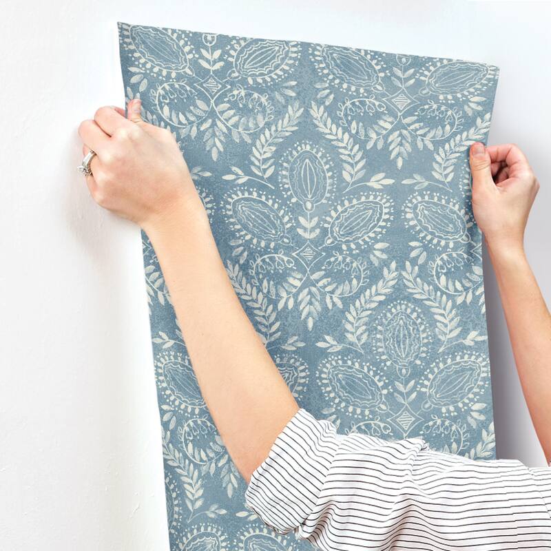 Eugene Blue Non-Woven Unpasted Bohemian Laurel Damask Wallpaper Covers about 60.75 sq. ft.