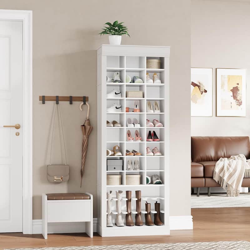 10-Tier Tall Shoe Cabinet with Boot Rack & 27 Cubbies - White