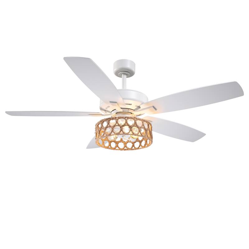 52" Bohemian White 5-Blade Natural Jute Ceiling Fan with Light Kit and Remote