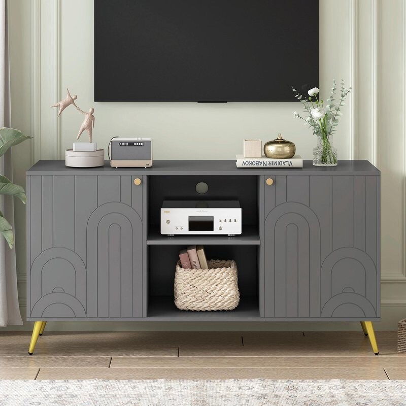 Modern TV Stand for TVs up to 55 Inches, Media Console with Adjustable Shelf, Metal Legs, Handles, and Anti-Tip Device