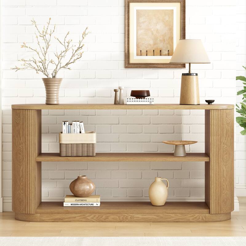 58.9" Wooden Entryway Console Table with Triple Tier Open Storage Shelves, Living Room Vertical Striped Sofa Table with Oval Top
