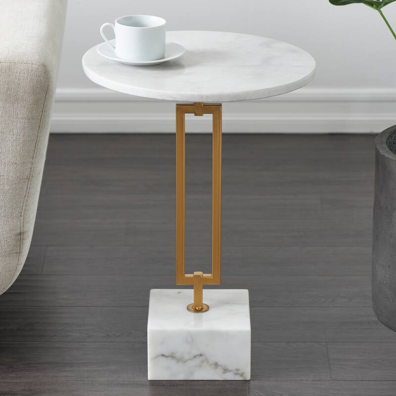 White Marble Geometric Accent Table with Gold Metal Rectangular Stand - White