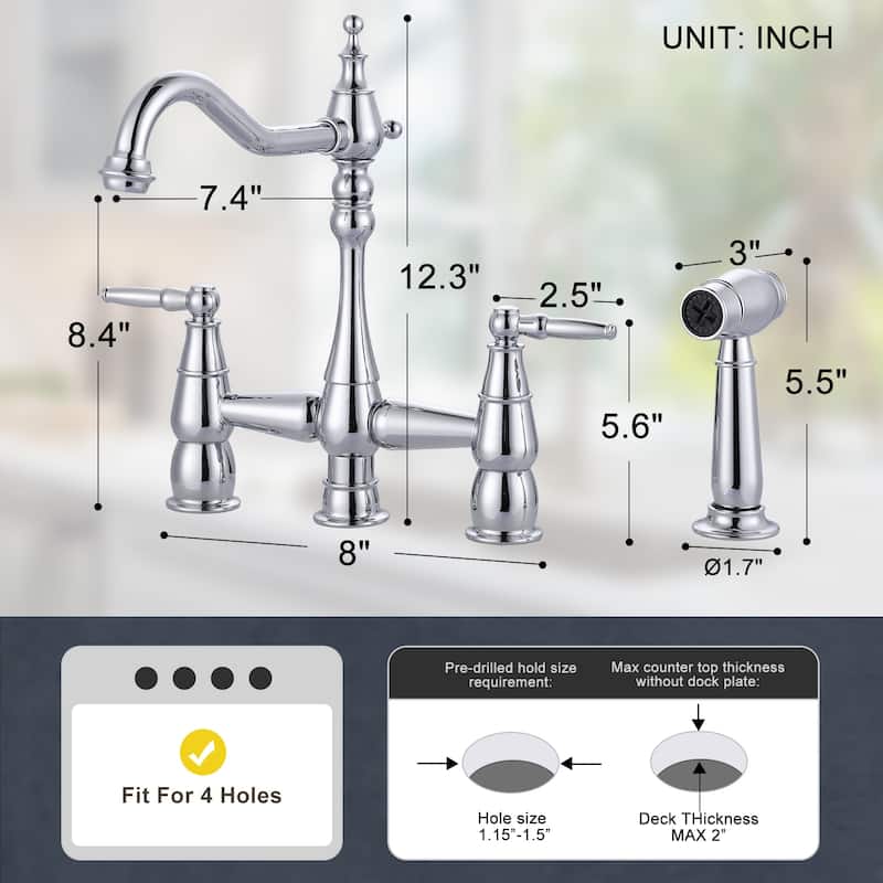 WOWOW 4 Hole Double Handle Bridge Kitchen Faucet with Side Sprayer