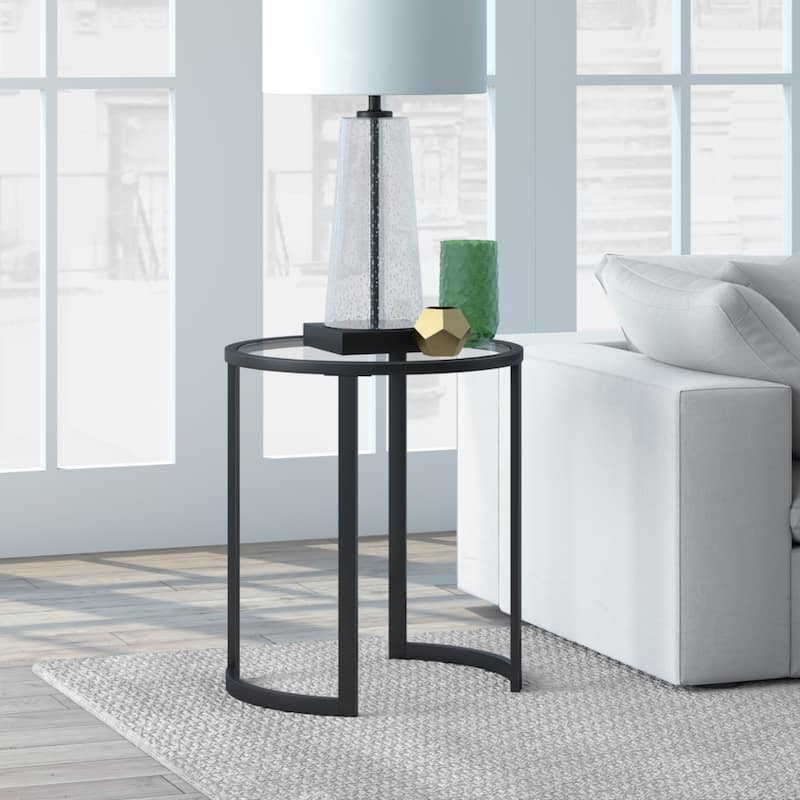 Clear Glass Round End Table with Sled Steel Base - 20” x 20” x 22” (D x W x H)