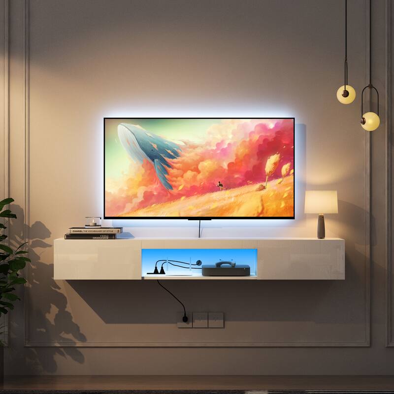 Floating TV Stand Wall Mounted with 16 Color LEDs, 63" Modern TV Stand, Entertainment Center with Open Storage Compartment - White