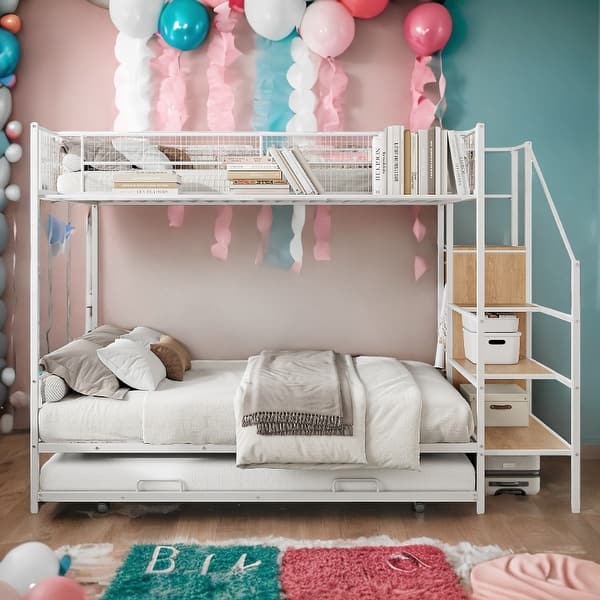 slide 2 of 16, Versatile Design Twin Over Full Metal Bunk Bed with Trundle and Lateral Storage Practical Step Ladder and Built-in Wardrobe White
