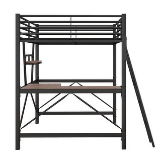 Full Size Metal Loft Bed with Desk and Shelf,Modern Style with Built-In Ladder