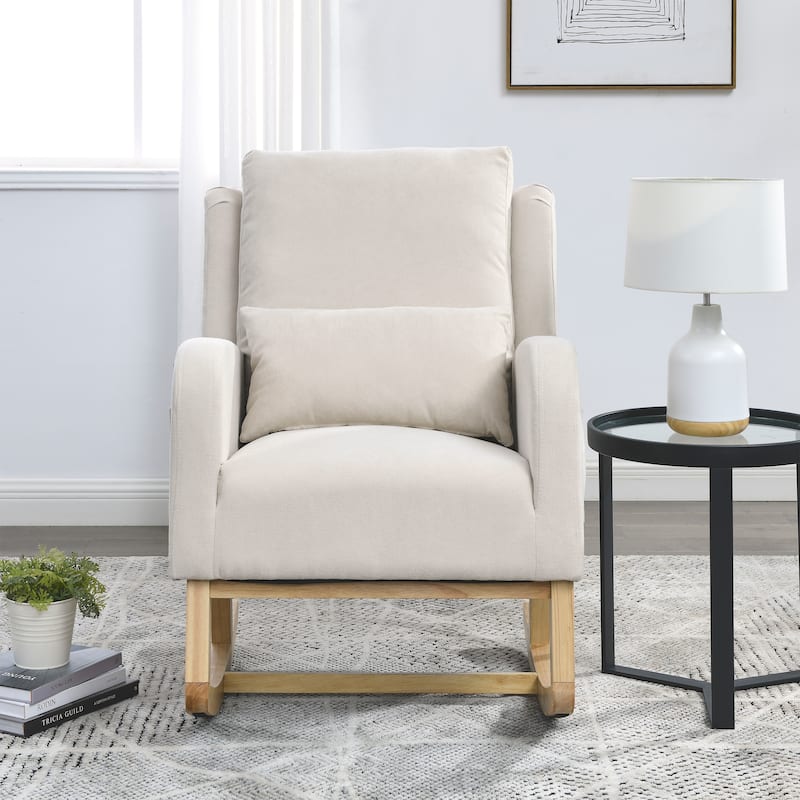 Beige 27.5" High Back Rocking Chair with Lumbar Pillow
