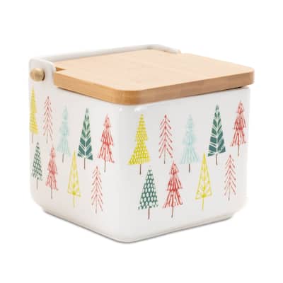Ceramic Holiday Tree Boxes with Tree Pattern Wood Lid Set of 2