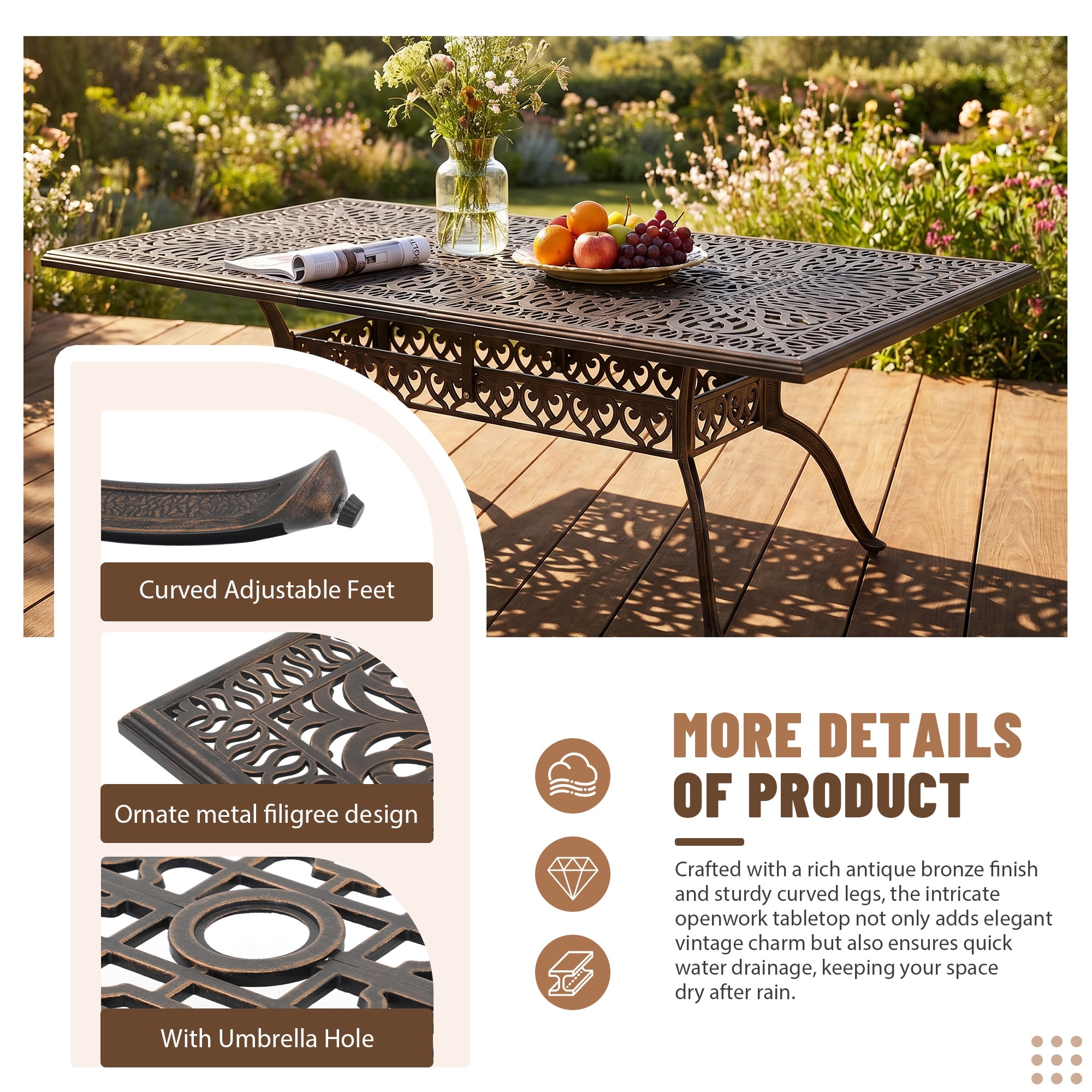 bronze cast aluminum patio table with umbrella hole 42" Outdoor Dining  Round Table 1.7" Hole, Seats 4-6 can be matched with a variety of chairs Patiojoy 35.4" Patio Square Dining