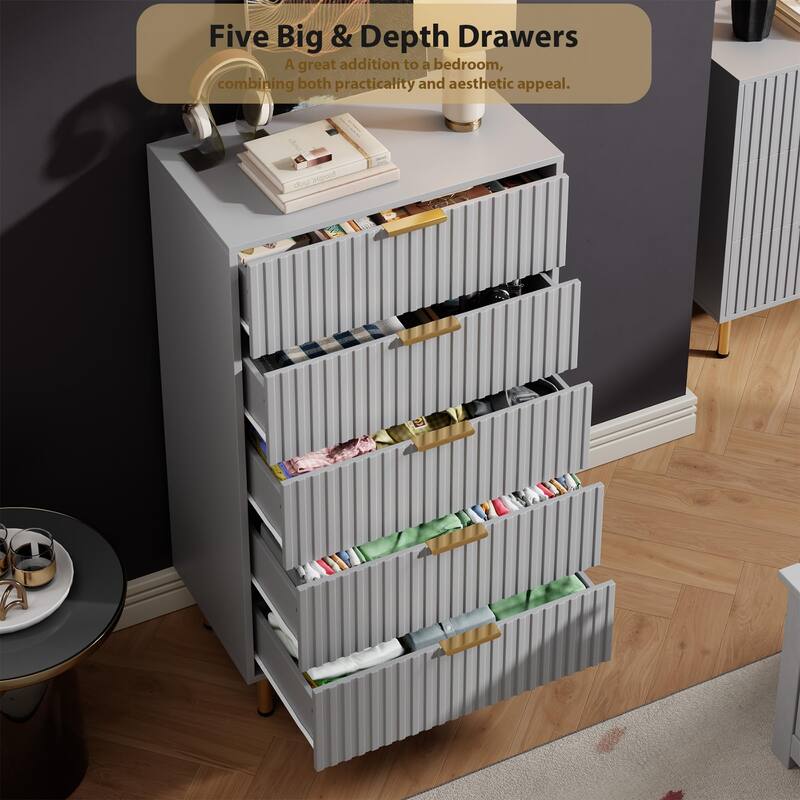 Fluted 5 Drawer Storage Dresser, Tall Modern Chest with Ample Deep Drawers and Wide Top