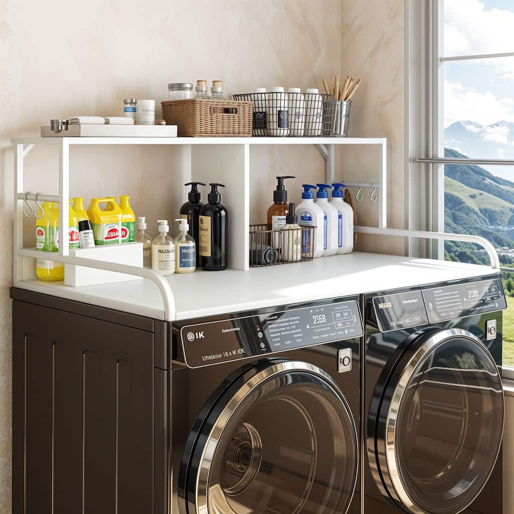 Moasis Laundry Countertop with Double-Layer Storage Shelf and 5 Built-In Hooks